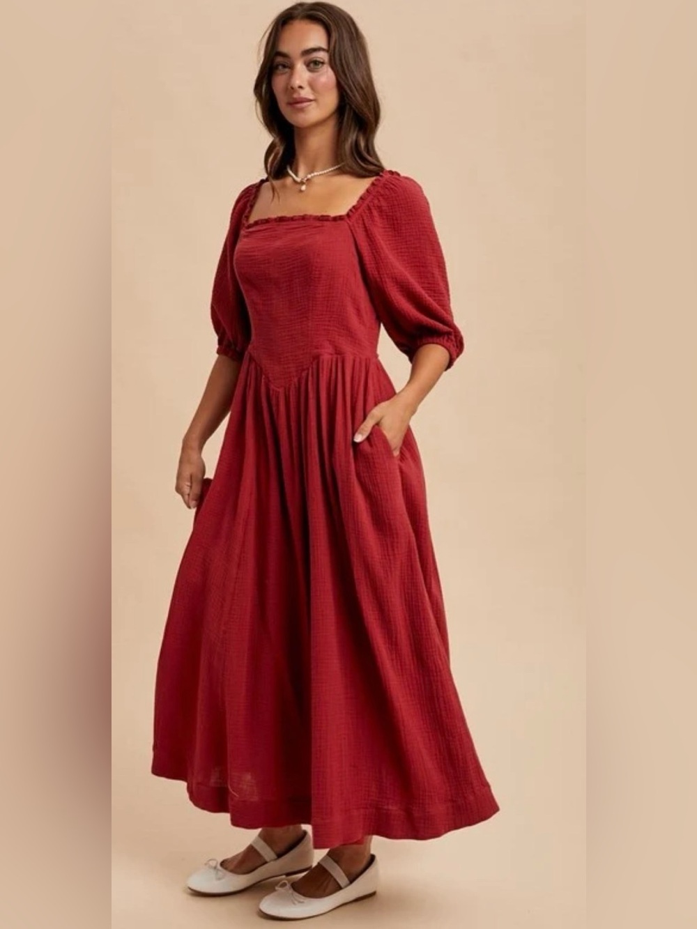 Square Neck Puff Sleeve Maxi Dress in Burgundy